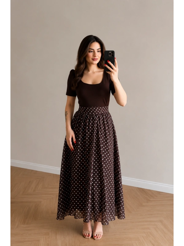 Kahve Kare Yaka Eteği Şifon Elbise