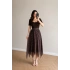 Kahve Kare Yaka Eteği Şifon Elbise