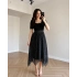 Siyah Kare Yaka Eteği Şifon Elbise