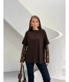 Kahverengi Güpür Kollu Bluz