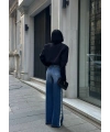 Tasarım Yanları Dantel Detaylı Wide Leg Jean Kot Pantalon