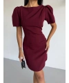 Bordo Kayık Yaka Kısa Kollu Mini Elbise