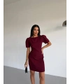Bordo Kayık Yaka Kısa Kollu Mini Elbise