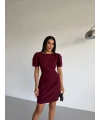 Bordo Kayık Yaka Kısa Kollu Mini Elbise