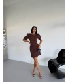 Kahverengi Kayık Yaka Kısa Kollu Mini Elbise