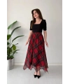 Kırmızı Ekose Desen Vatkalı U Yaka Midi Elbise
