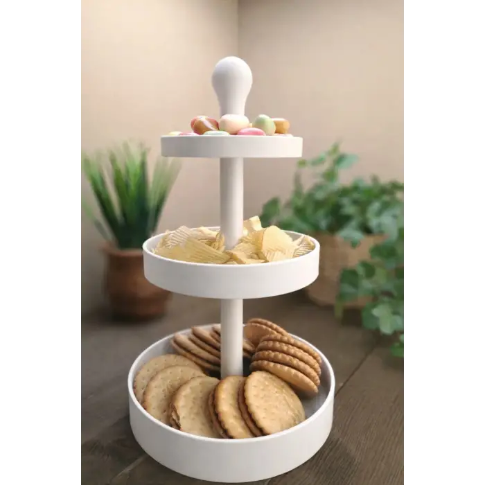 Üç Katlı Atıştırmalık ve Pasta Servis Standı (3D Yüksek Kalite)
