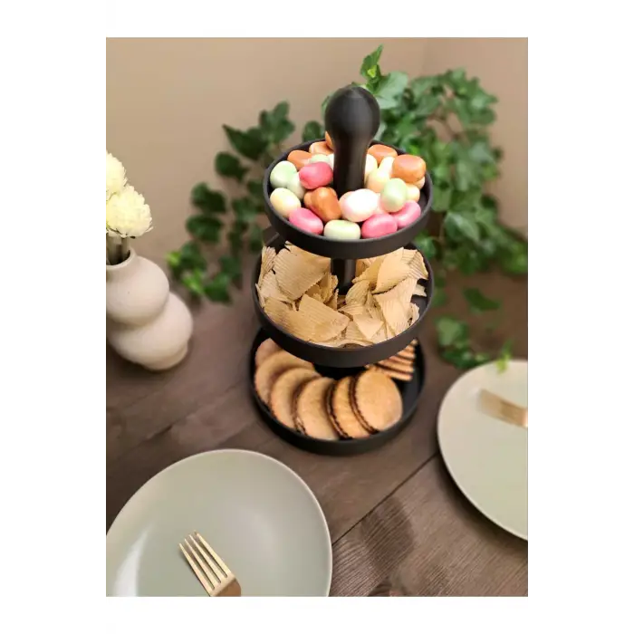 Üç Katlı Atıştırmalık ve Pasta Servis Standı (3D Yüksek Kalite)