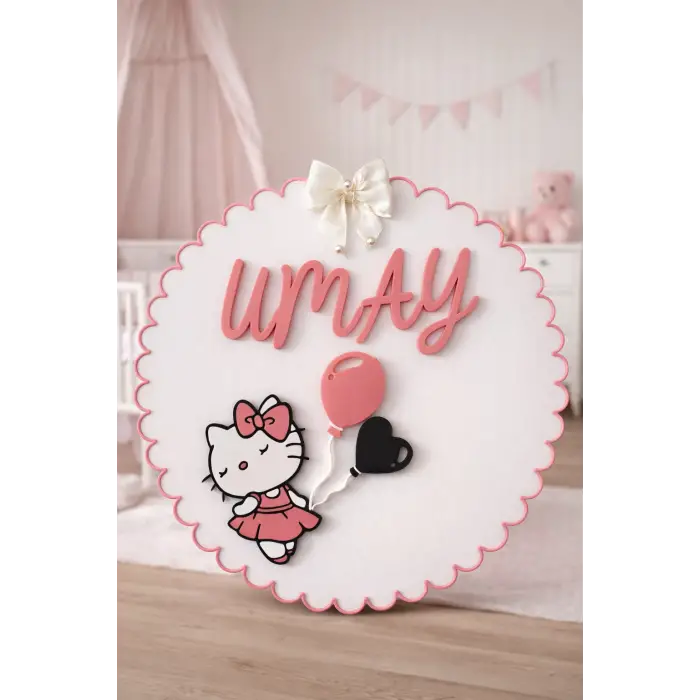 Hello Kitty Temalı İsme Özel Tasarım Kız Bebek ve Çocuk Kapı Süsü