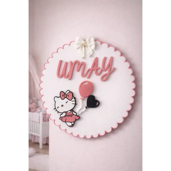 Hello Kitty Temalı İsme Özel Tasarım Kız Bebek ve Çocuk Kapı Süsü