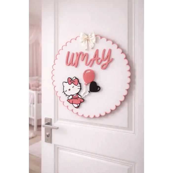 Hello Kitty Temalı İsme Özel Tasarım Kız Bebek ve Çocuk Kapı Süsü