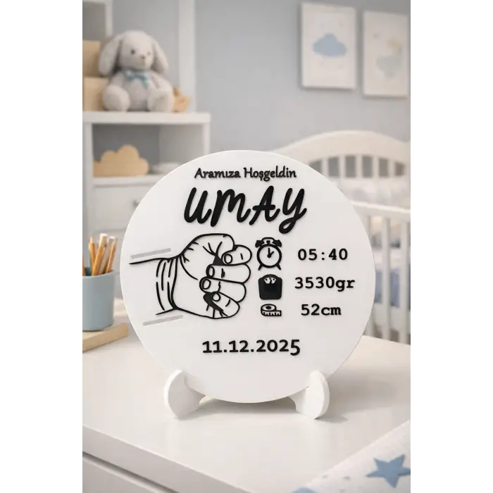 Kişiye Özel Bebek Doğum Tabelası - İsim, Saat, Kilo, Boy Yazılı 3D Bebek Odası Süsü
