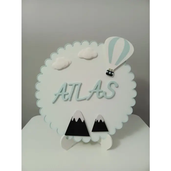 Gökyüzü Temalı İsme Özel Tasarım Erkek Bebek ve Çocuk Kapı Süsü - Kaliteli PLA Malzeme Bebek Odası Dekorasyonu 25x25cm