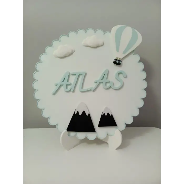 Gökyüzü Temalı İsme Özel Tasarım Erkek Bebek ve Çocuk Kapı Süsü - Kaliteli PLA Malzeme Bebek Odası Dekorasyonu 25x25cm