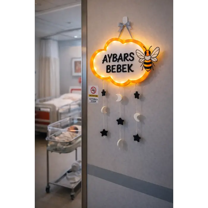 Led Işıklı Bebek Kapı Süsü – Kişiye Özel İsimli Bulut Tasarım Mayas 3D