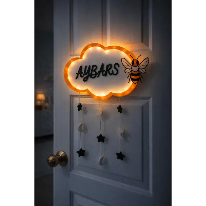 Led Işıklı Bebek Kapı Süsü – Kişiye Özel İsimli Bulut Tasarım Mayas 3D