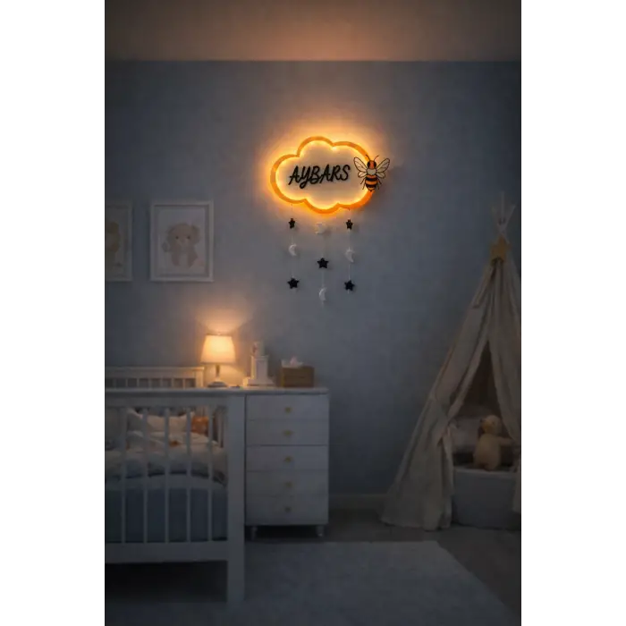 Led Işıklı Bebek Kapı Süsü – Kişiye Özel İsimli Bulut Tasarım Mayas 3D