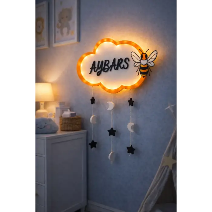 Led Işıklı Bebek Kapı Süsü – Kişiye Özel İsimli Bulut Tasarım Mayas 3D