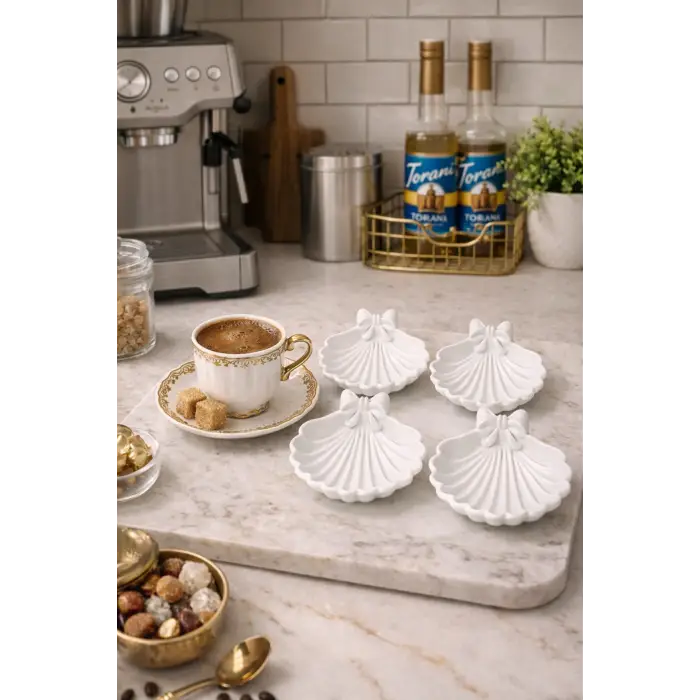 6 Adet Zarif Deniz Kabuğu Kahve Yanı Sunumluk 3D Yüksek Kalite PLA Beyaz