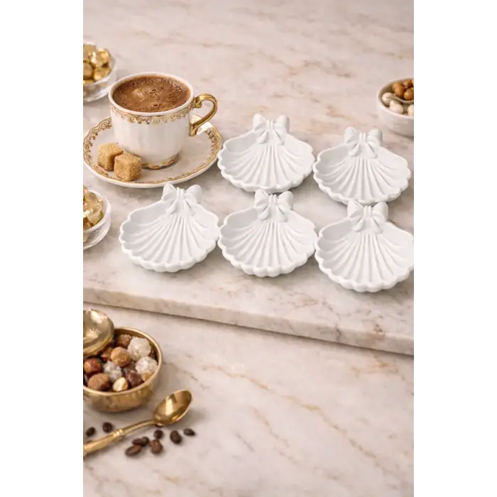 6 Adet Zarif Deniz Kabuğu Kahve Yanı Sunumluk 3D Yüksek Kalite PLA Beyaz