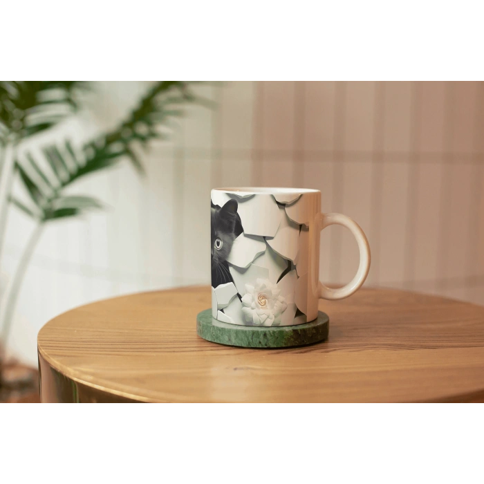 Siyah Kedi ve Çiçek Detaylı Seramik Kupa