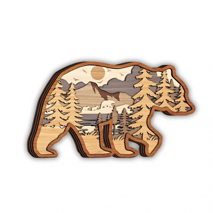 Ahşap Ayı Silüetli Doğa Temalı Duvar Dekoru