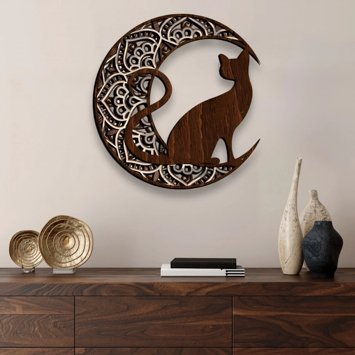 Ay ve Kedi Silüetli Katmanlı Ahşap Duvar Dekoru