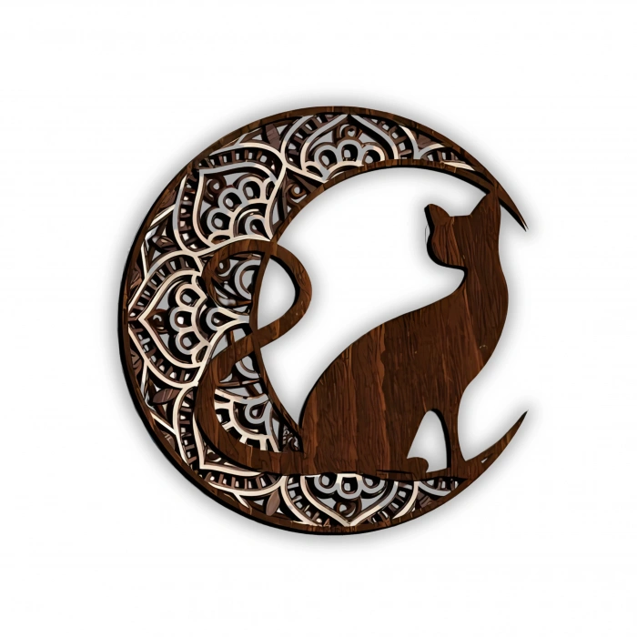 Ay ve Kedi Silüetli Katmanlı Ahşap Duvar Dekoru