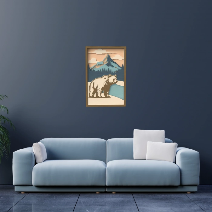 Dağ Manzaralı Ayı Figürlü Ahşap Duvar Tablosu