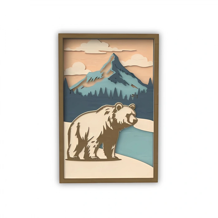 Dağ Manzaralı Ayı Figürlü Ahşap Duvar Tablosu