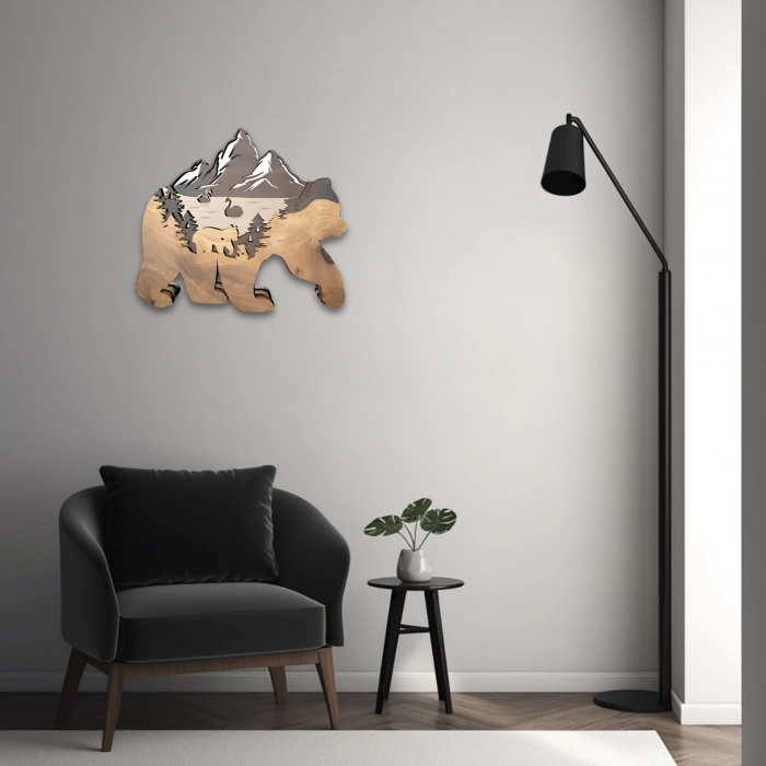 Dağ ve Orman Temalı Ayı Formunda Katmanlı Ahşap Duvar Dekoru