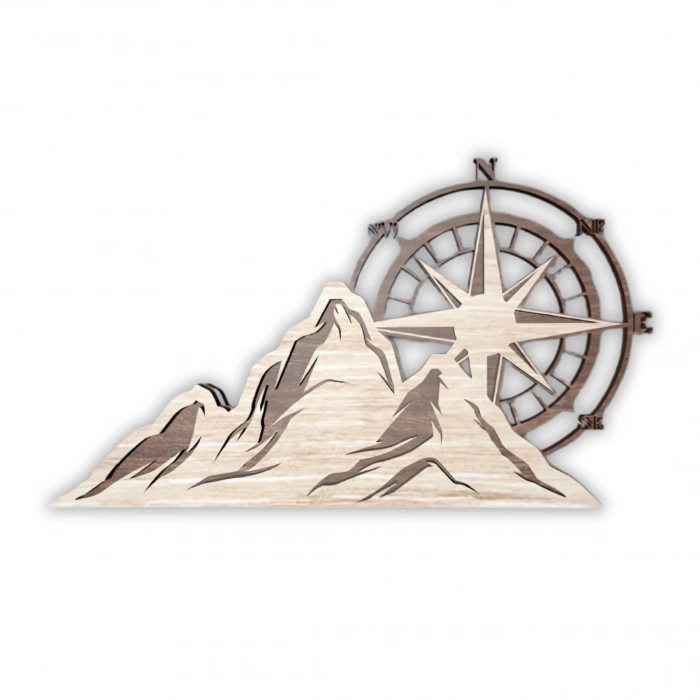 Dağ ve Pusula Temalı Katmanlı Ahşap Duvar Dekoru