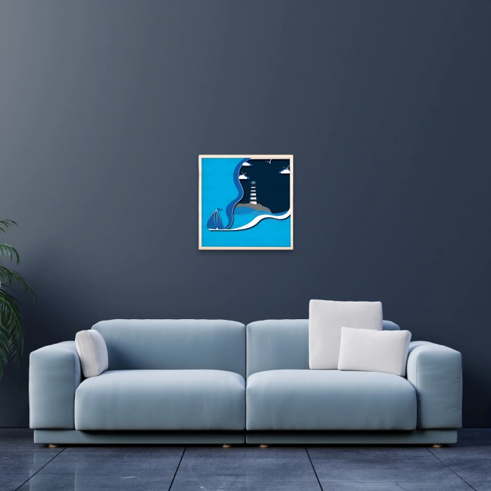 Deniz Feneri ve Yelkenli Temalı Katmanlı Ahşap Duvar Dekoru