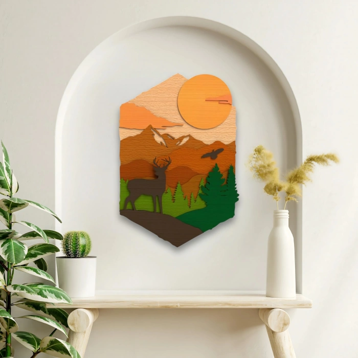 Doğa ve Dağ Manzaralı Katmanlı Ahşap Duvar Dekoru
