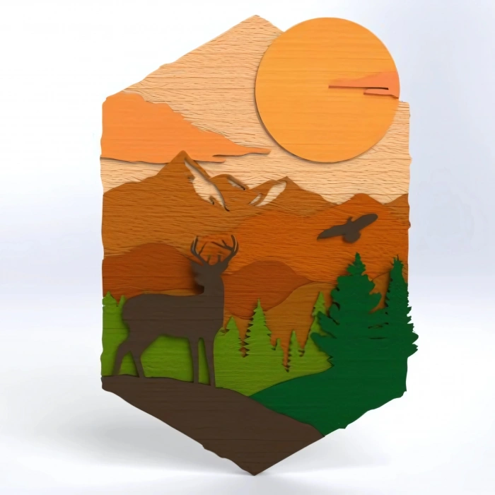 Doğa ve Dağ Manzaralı Katmanlı Ahşap Duvar Dekoru