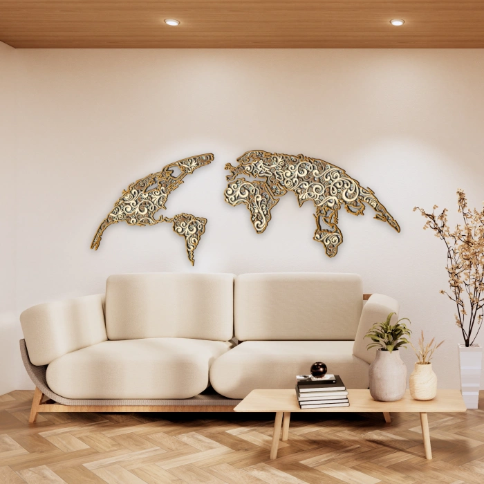 Doğa ve Geometrik Desenli Katmanlı Ahşap Duvar Dekoru