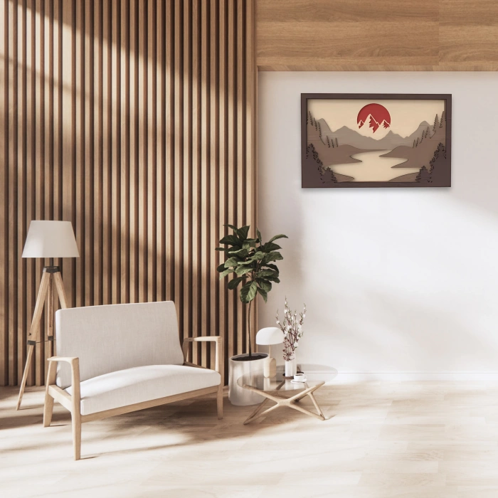 Doğa ve Gün Batımı Temalı Katmanlı Ahşap Duvar Dekoru