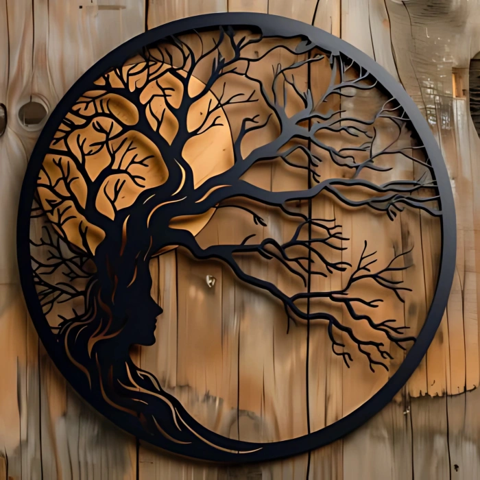 Doğa ve Kadın Silüeti Temalı Katmanlı Ahşap Duvar Dekoru