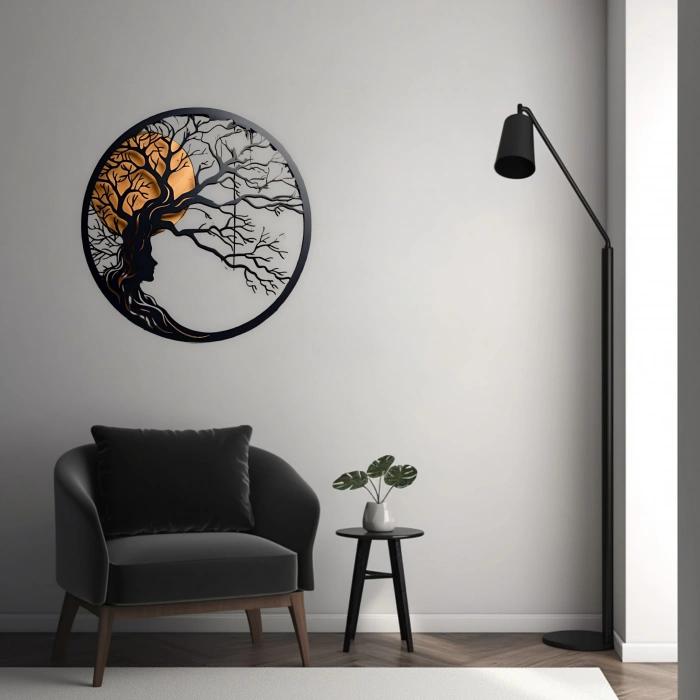 Doğa ve Kadın Silüeti Temalı Katmanlı Ahşap Duvar Dekoru