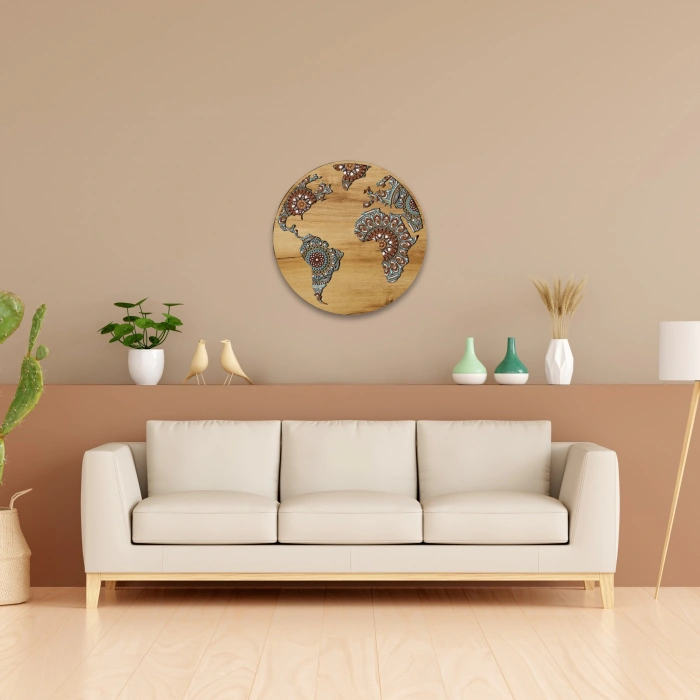 Dünya Haritası Desenli Katmanlı Ahşap Duvar Dekoru