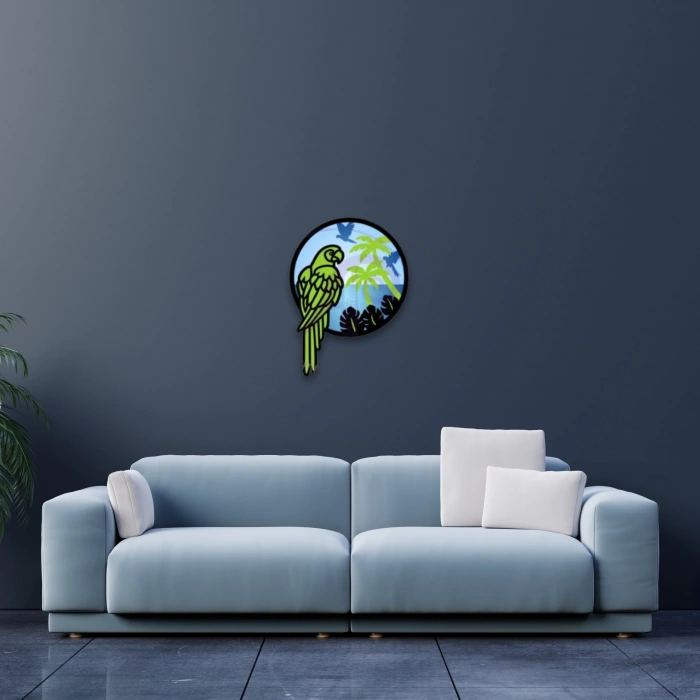 Egzotik Papağan Temalı Katmanlı Ahşap Duvar Dekoru