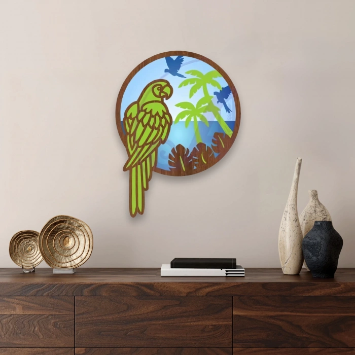 Egzotik Papağan Temalı Katmanlı Ahşap Duvar Dekoru