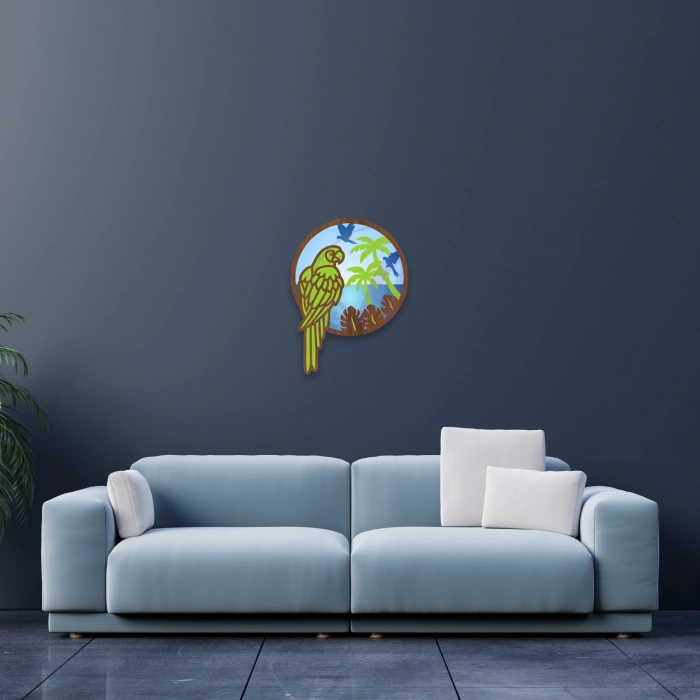 Egzotik Papağan Temalı Katmanlı Ahşap Duvar Dekoru