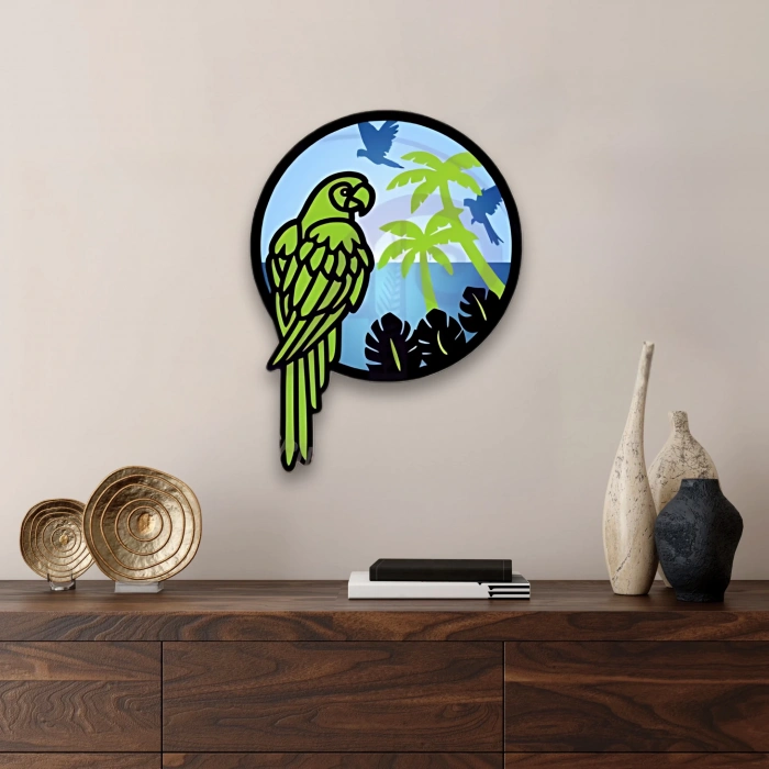 Egzotik Papağan Temalı Katmanlı Ahşap Duvar Dekoru