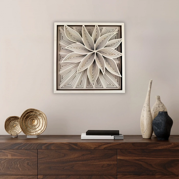 Geometrik Çiçek Desenli Katmanlı Ahşap Duvar Dekoru