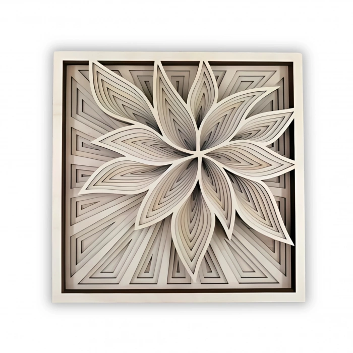 Geometrik Çiçek Desenli Katmanlı Ahşap Duvar Dekoru