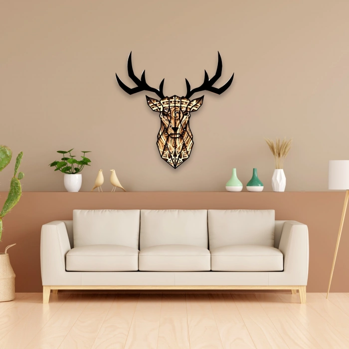 Geyik Figürlü Katmanlı Ahşap Duvar Dekoru
