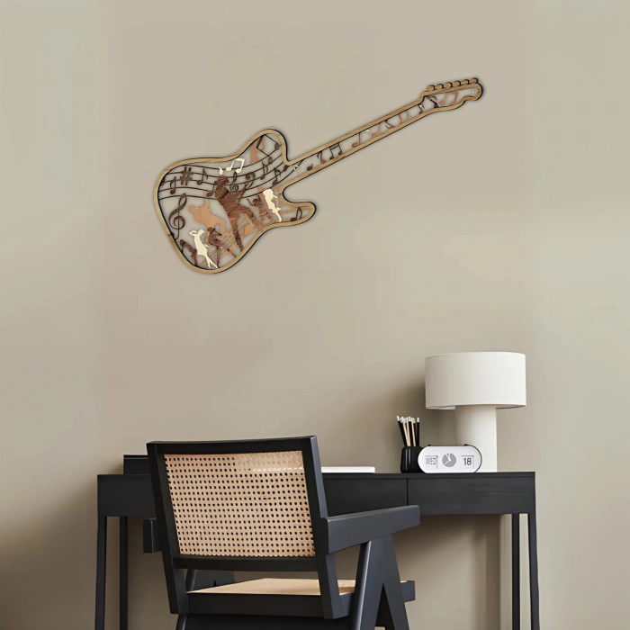Gitar Silueti ve Notalar Temalı Çok Katmanlı Ahşap Duvar Dekoru
