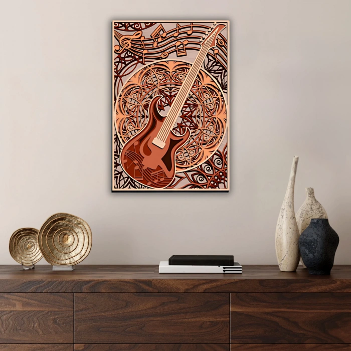 Gitar Temalı Çok Katmanlı Ahşap Duvar Dekoru