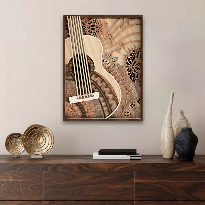 Gitar Temalı Katmanlı Ahşap Duvar Dekoru